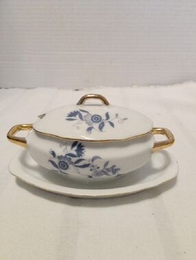Royal Crown Sugar Bowl Or Jam Porcelain Blue Floral Serving Dish with Gold Trim